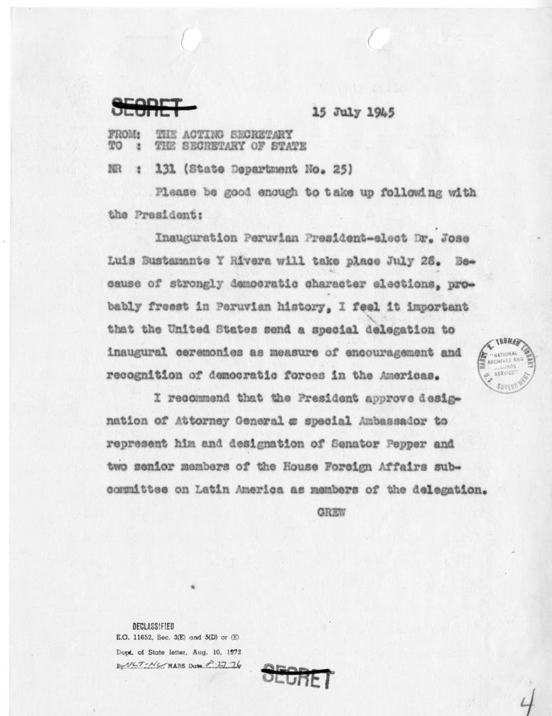 Telegram from the Acting Secretary to the Secretary of State