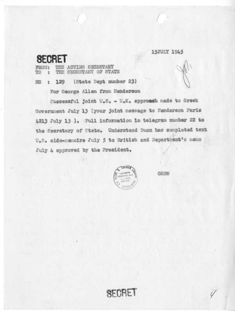 Telegram from Acting Secretary of State Joseph Grew to Secretary of State James Byrnes [NR 129]