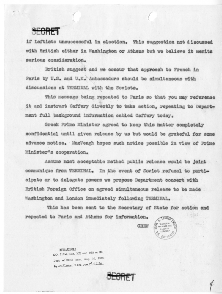 Telegram from Acting Secretary of State Joseph Grew to Secretary of State James Byrnes [NR 128]