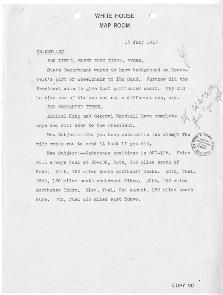 Telegram from Lieutenant Myers to Lieutenant George Elsey [MR-OUT-127]