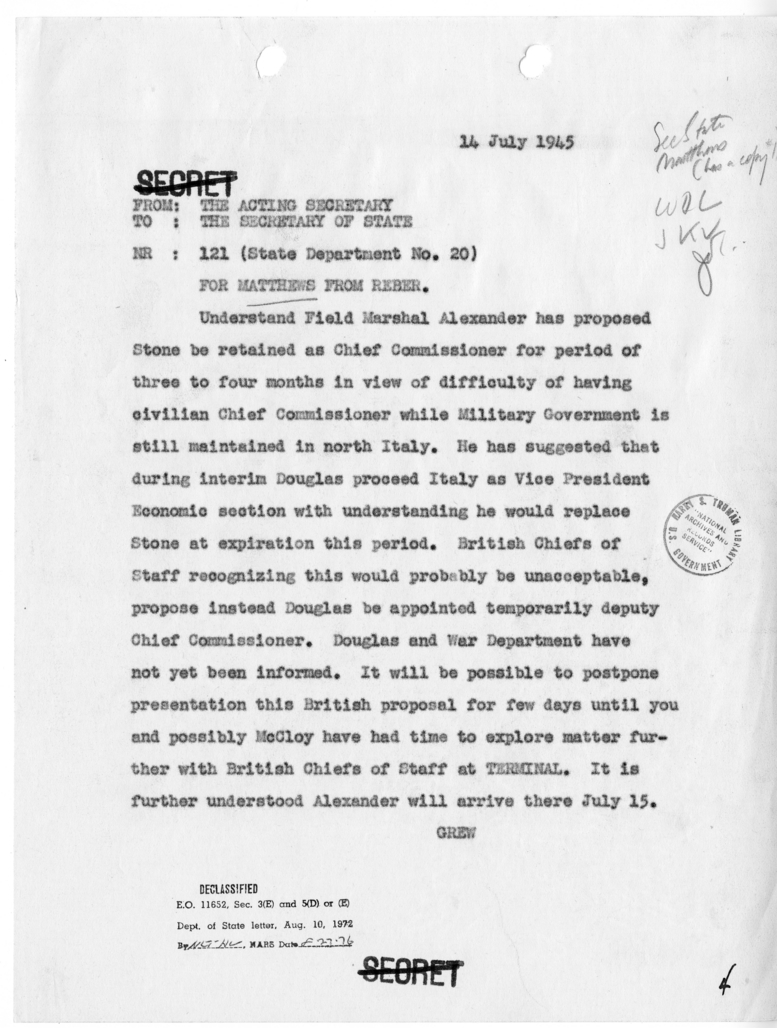 Telegram from Acting Secretary of State Joseph Grew to Secretary of State James Byrnes [NR 121]