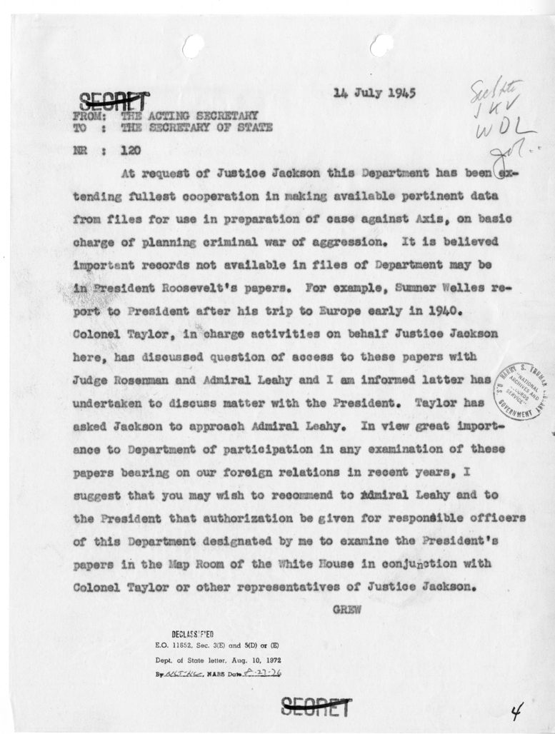 Telegram from Acting Secretary Joseph Grew to Secretary of State James Byrnes [NR 120]