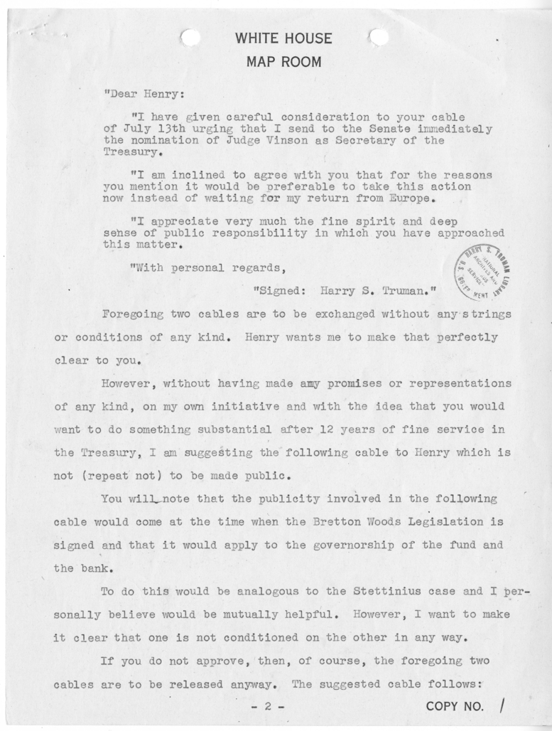 Telegram from Judge Samuel Rosenman to President Harry S. Truman [NR 118]