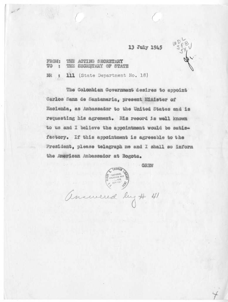 Telegram from Acting Secretary of State Joseph Grew to Secretary of State James Byrnes [NR 111]