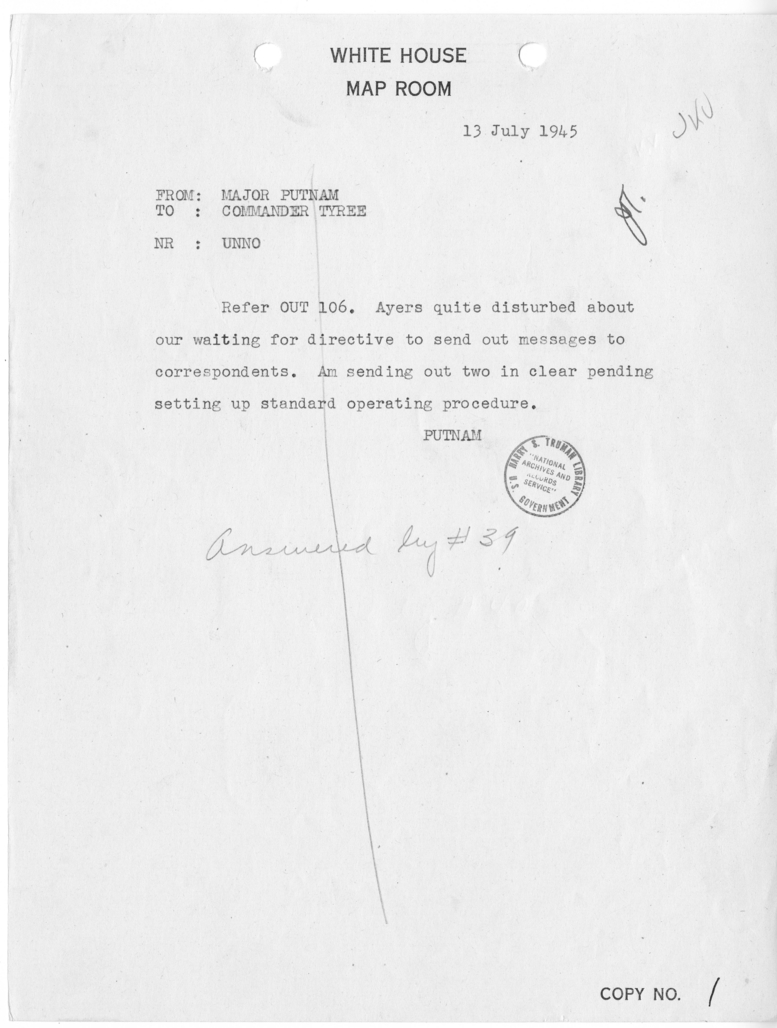 Telegram from Major Putnam to Commander John A. Tyree