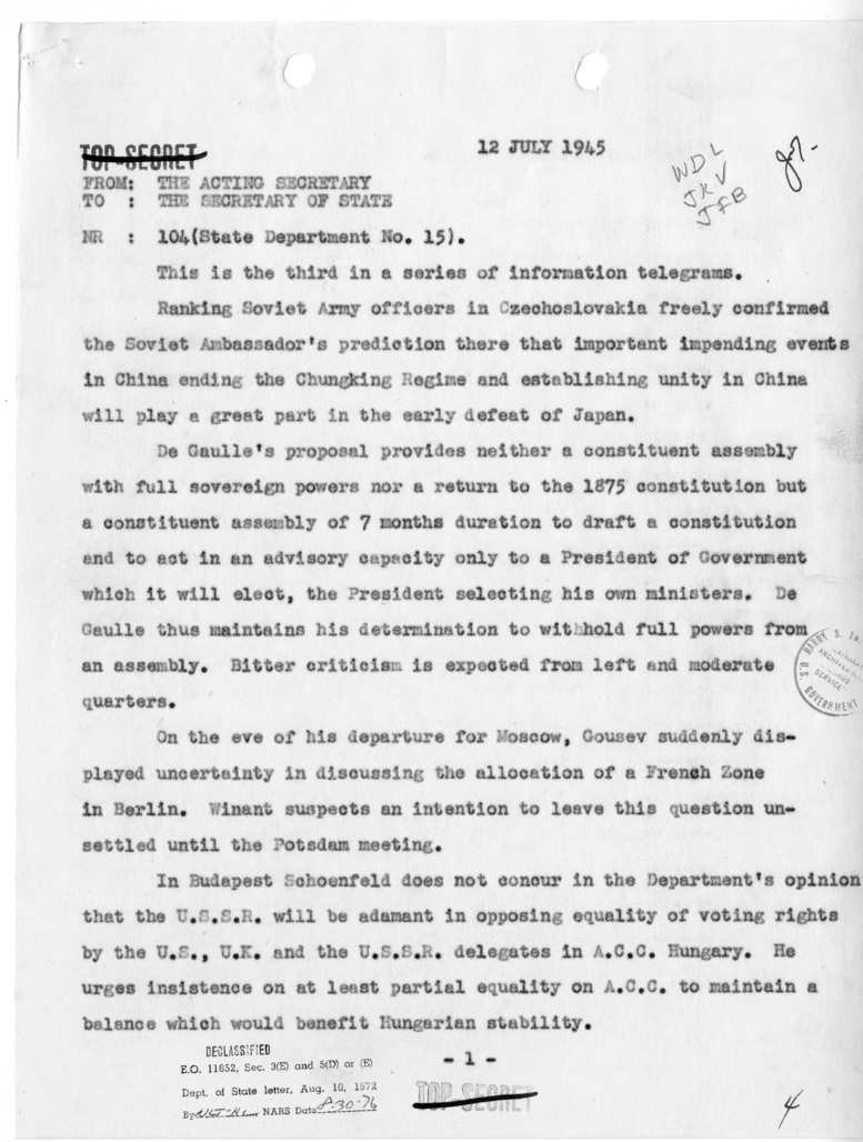 Telegram from Acting Secretary of State Joseph Grew to Secretary of State James Byrnes [NR 104]