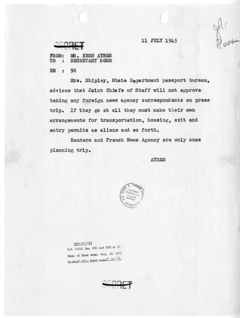 Telegram from Mr. Eben Ayers to Secretary Charles G. Ross [NR 96]