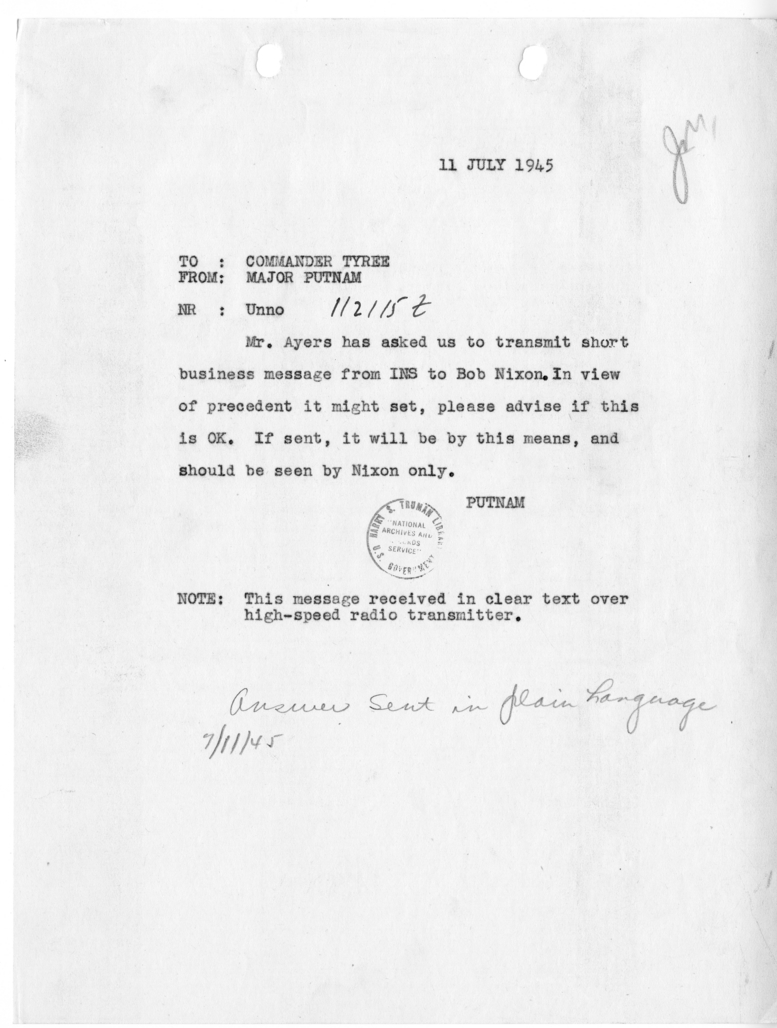 Telegram from Major Putnam to Commander John A. Tyree
