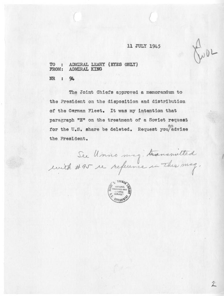 Telegram from Admiral Ernest King to Admiral William D. Leahy [NR 94]