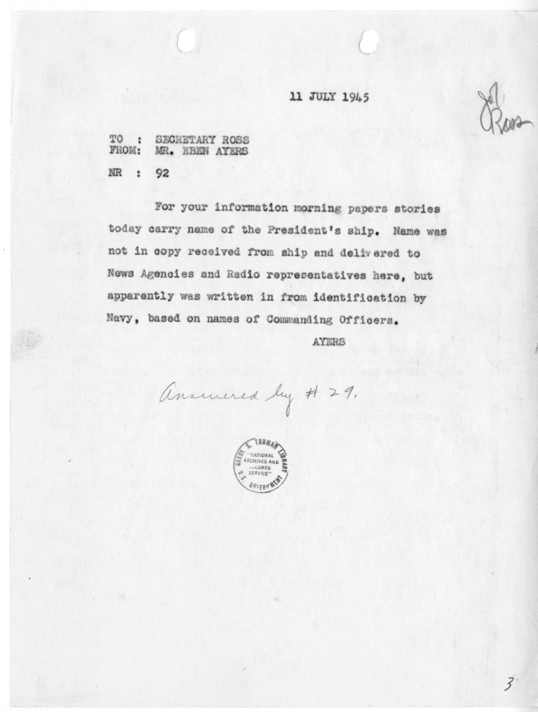 Telegram from Secretary Charles G. Ross to Eben A. Ayers [NR 92]