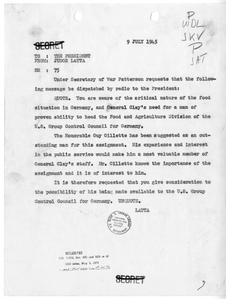 Telegram from Judge Maurice Latta to President Harry S. Truman [NR 75]