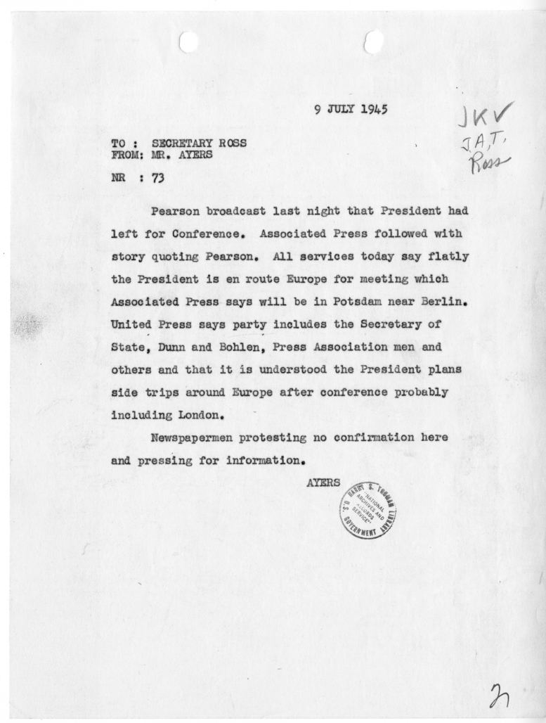 Telegram from Eben Ayers to Secretary Charles G. Ross [NR 73]