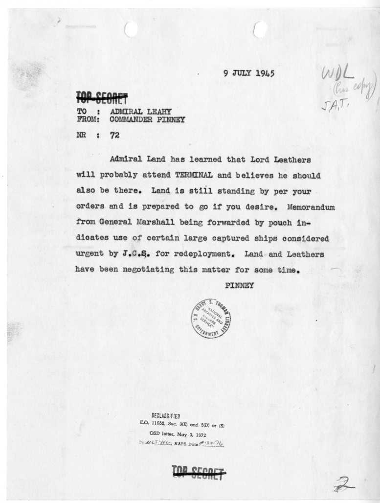 Telegram from Commander Pinney to Admiral William D. Leahy [NR 72]