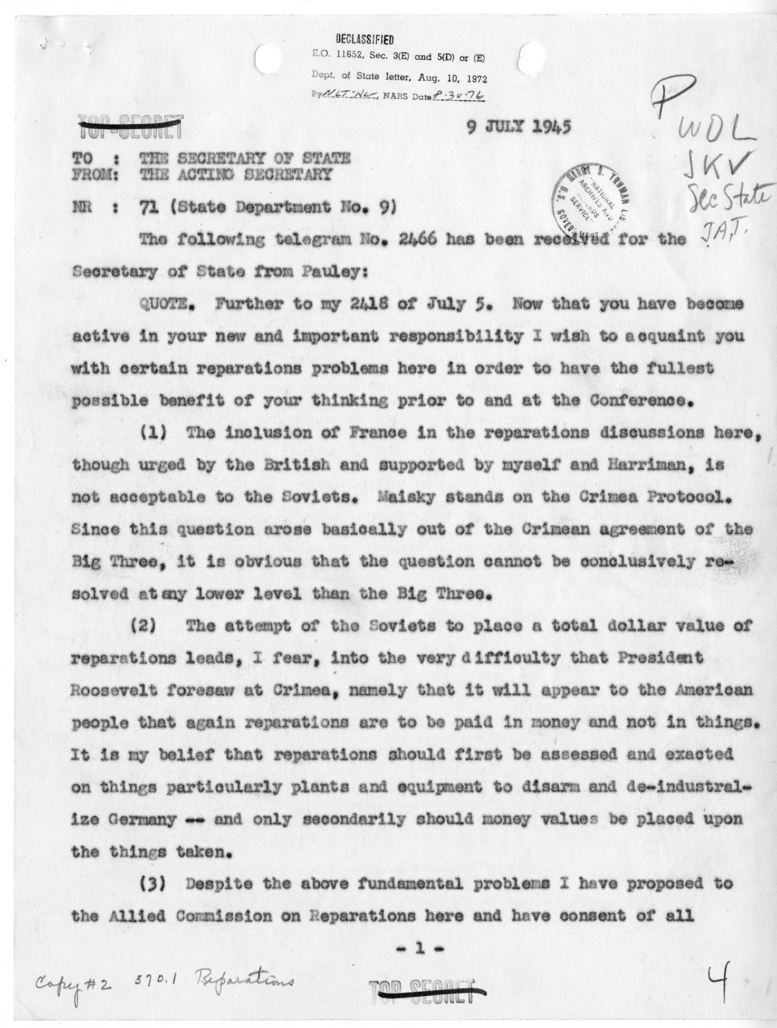Telegram from Acting Secretary of State Joseph Grew to Secretary of State James Byrnes [NR 71]