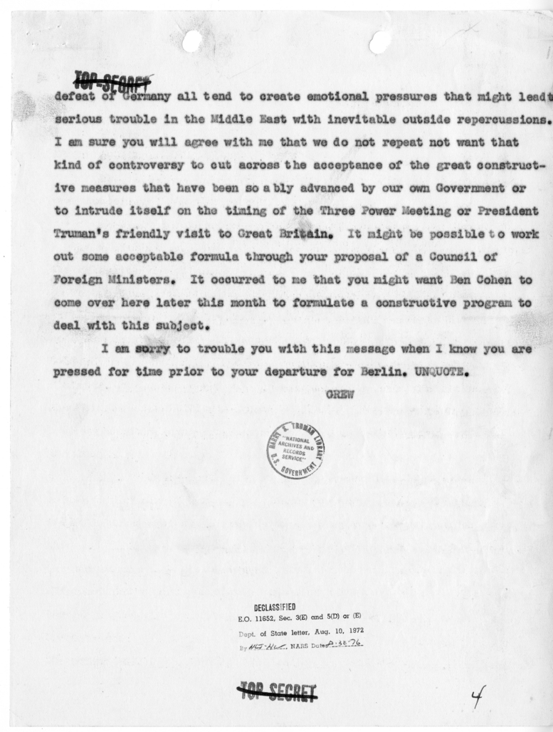 Telegram from Acting Secretary of State Joseph Grew to Secretary of State James Byrnes [NR 69]