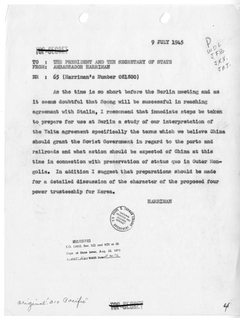 Telegram from Ambassador W. Averell Harriman to President Harry S. Truman and Secretary of State James Byrnes [NR 65]