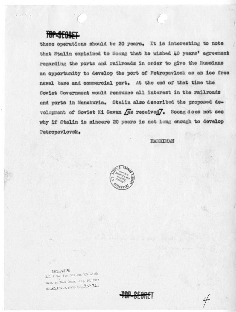 Telegram from Ambassador W. Averell Harriman to President Harry S. Truman and Secretary of State James Byrnes [NR 64]