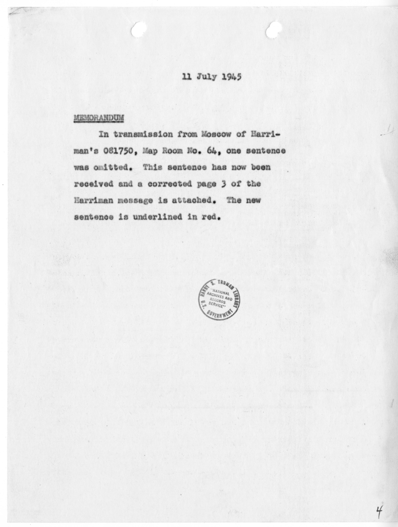 Memorandum Regarding Telegram from Ambassador W. Averell Harriman