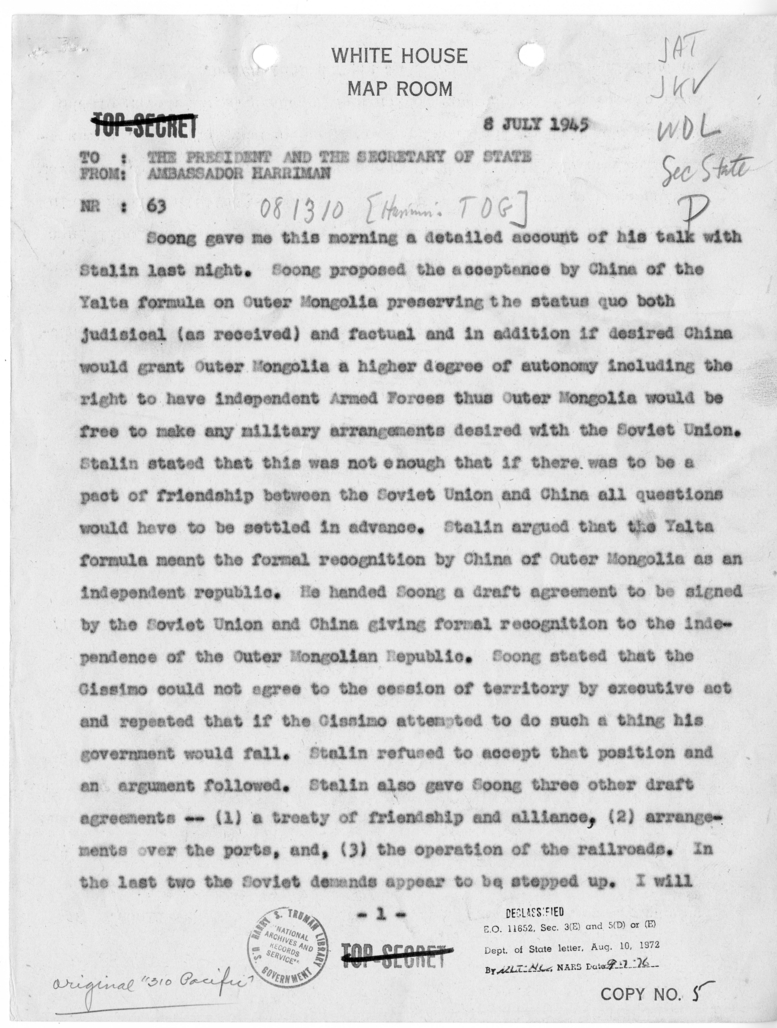 Telegram from Ambassador W. Averell Harriman to President Harry S. Truman and Secretary of State James Byrnes [NR 63]