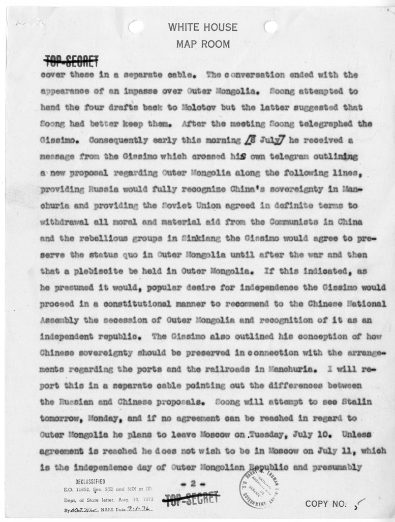 Telegram from Ambassador W. Averell Harriman to President Harry S. Truman and Secretary of State James Byrnes [NR 63]