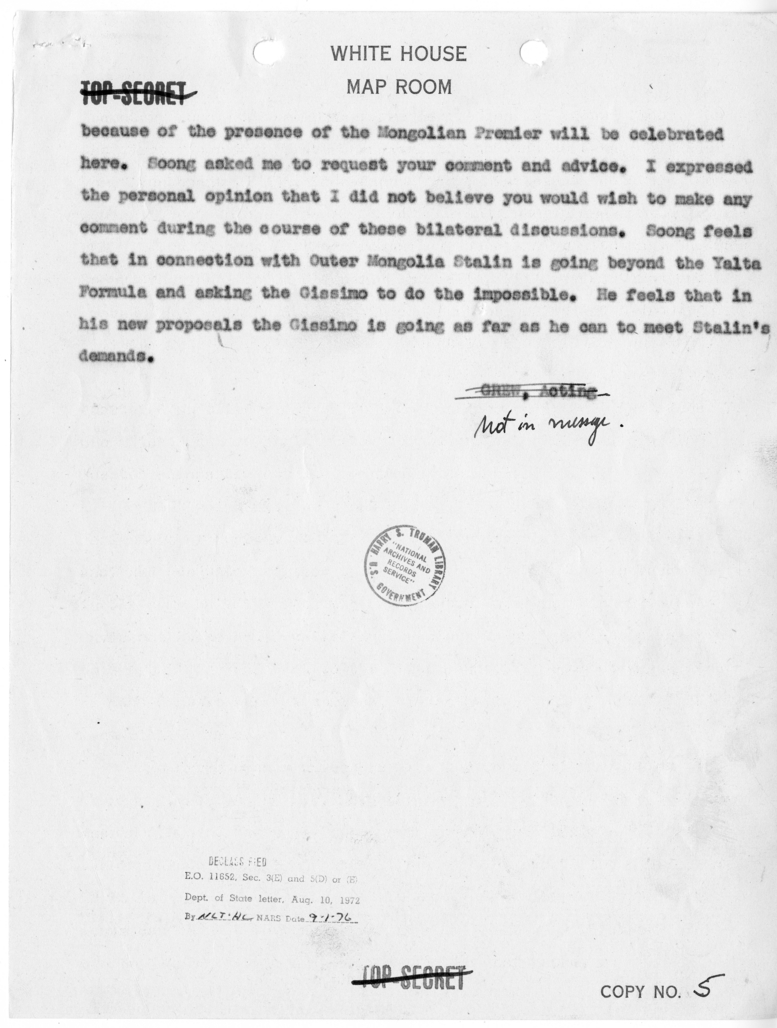 Telegram from Ambassador W. Averell Harriman to President Harry S. Truman and Secretary of State James Byrnes [NR 63]