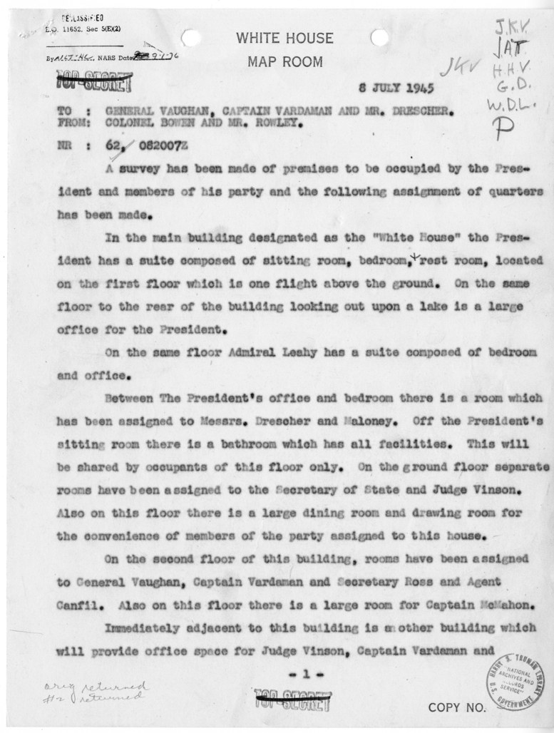 Telegram from Colonel Bowen and James J. Rowley to General Harry H. Vaughan, Captain James K. Vardaman and George C. Drescher [NR 62]