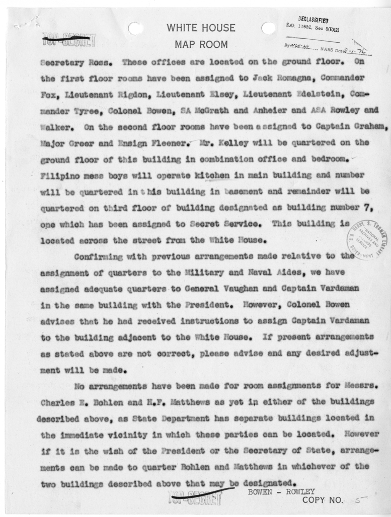 Telegram from Colonel Bowen and James J. Rowley to General Harry H. Vaughan, Captain James K. Vardaman and George C. Drescher [NR 62]