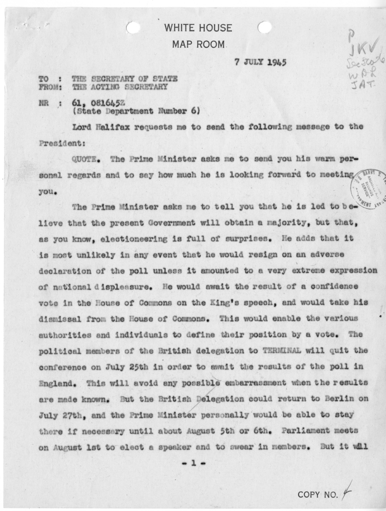 Telegram from Acting Secretary of State Joseph Grew to Secretary of State James Byrnes [NR 61]