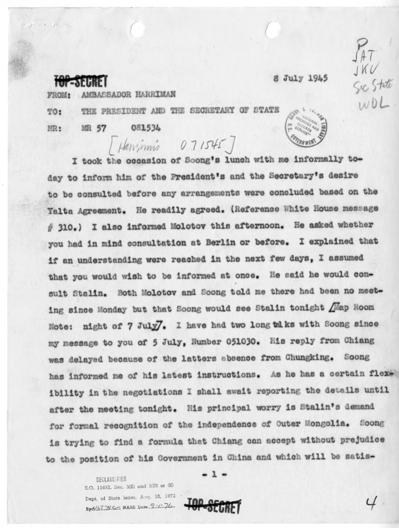 Telegram from Ambassador W. Averell Harriman to President Harry S. Truman and Secretary of State James Byrnes [NR 57]