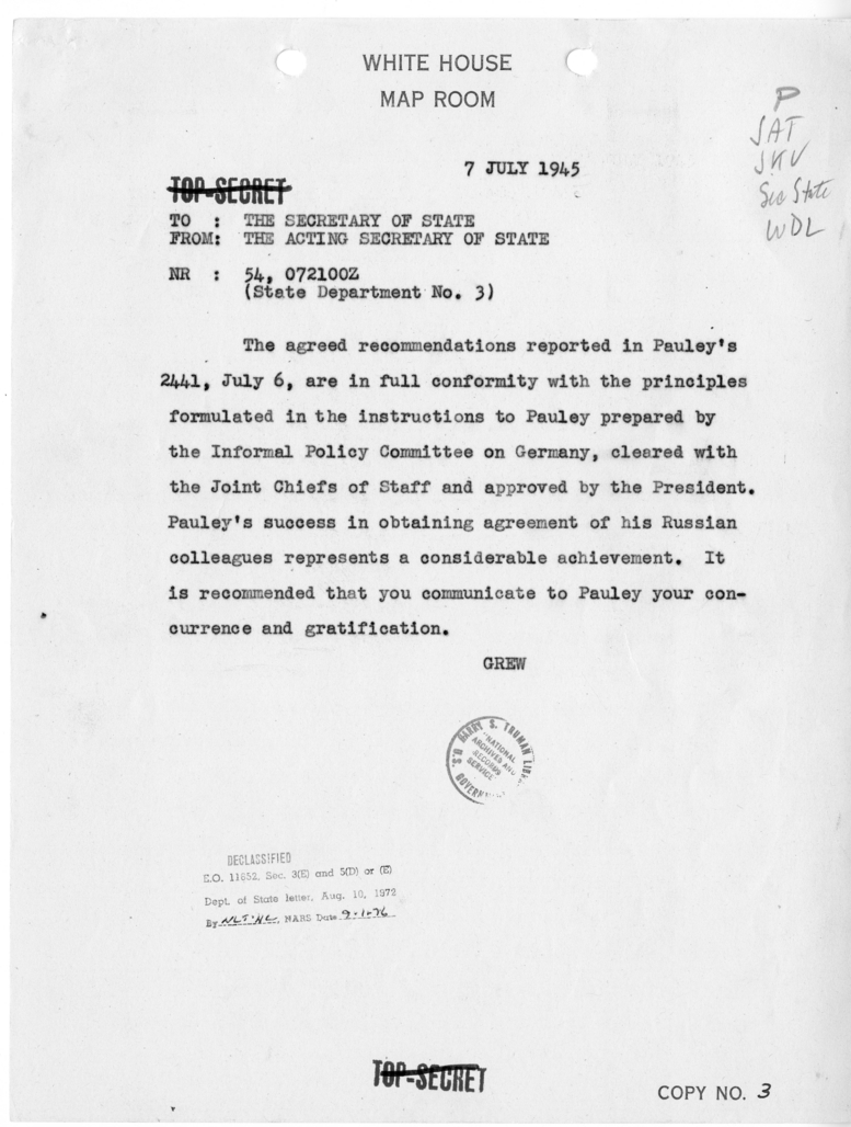 Telegram from Acting Secretary of State Joseph Grew to Secretary of State James Byrnes [NR 54]