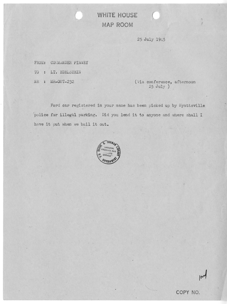 Cable from Commander Pinney to Lieutenant Edelstein [MR-OUT-232]
