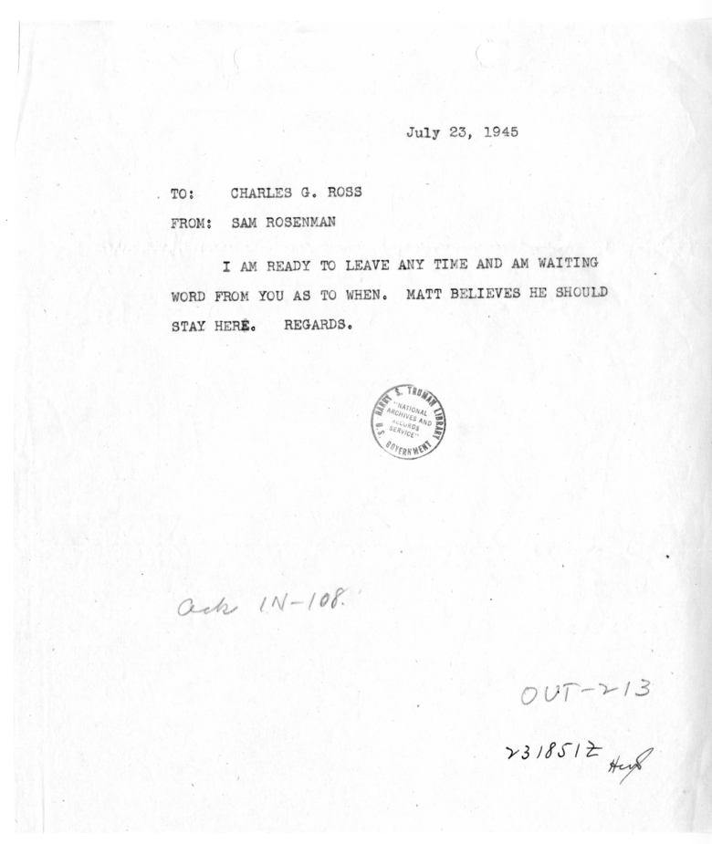 Cable from Sam Rosenman to Charles G. Ross