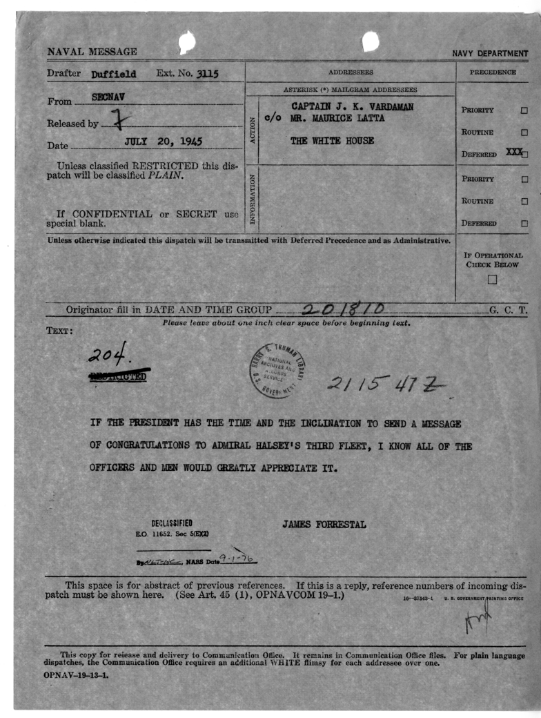 Naval Message from Secretary of the Navy James Forrestal to Captain James Vardaman