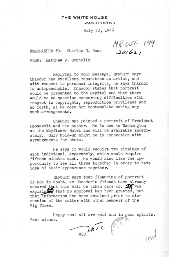 Memorandum from Matthew J. Connelly to Charles Ross [MR-OUT-199]
