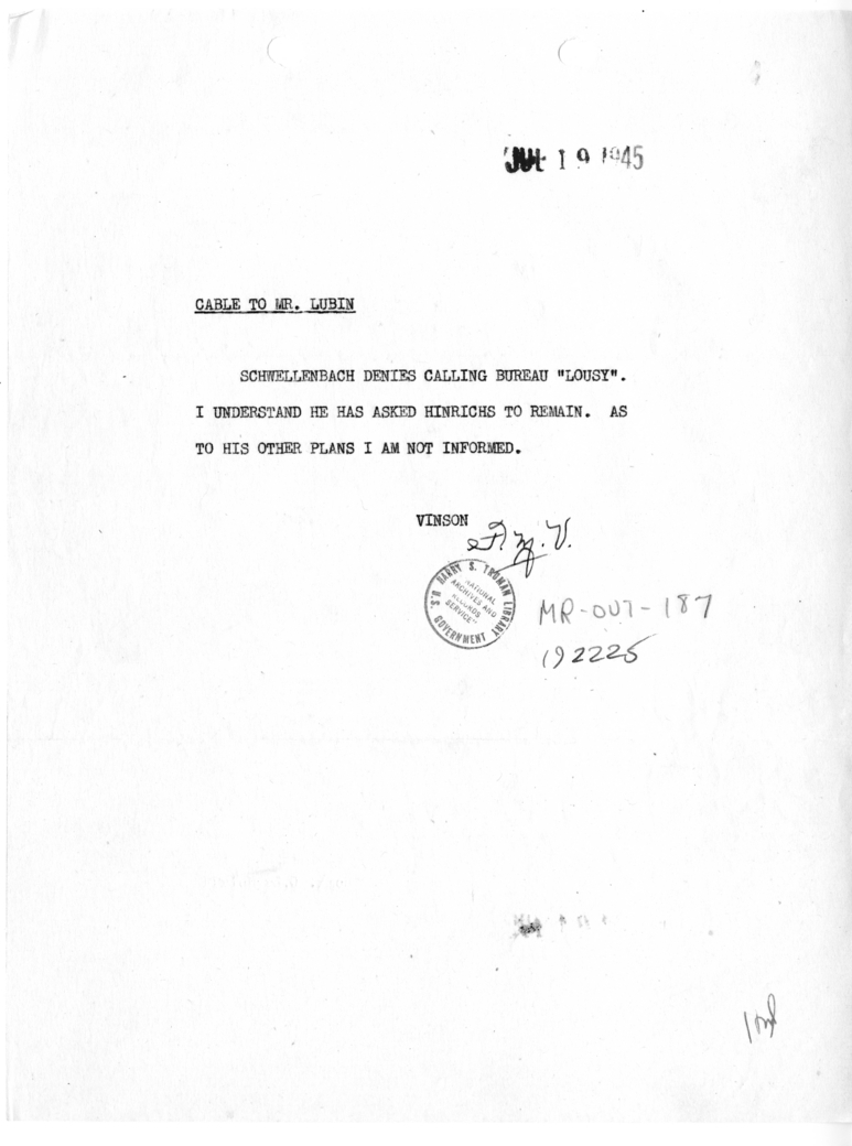 Cable from Fred Vinson to Isador Lubin [MR-OUT-187]
