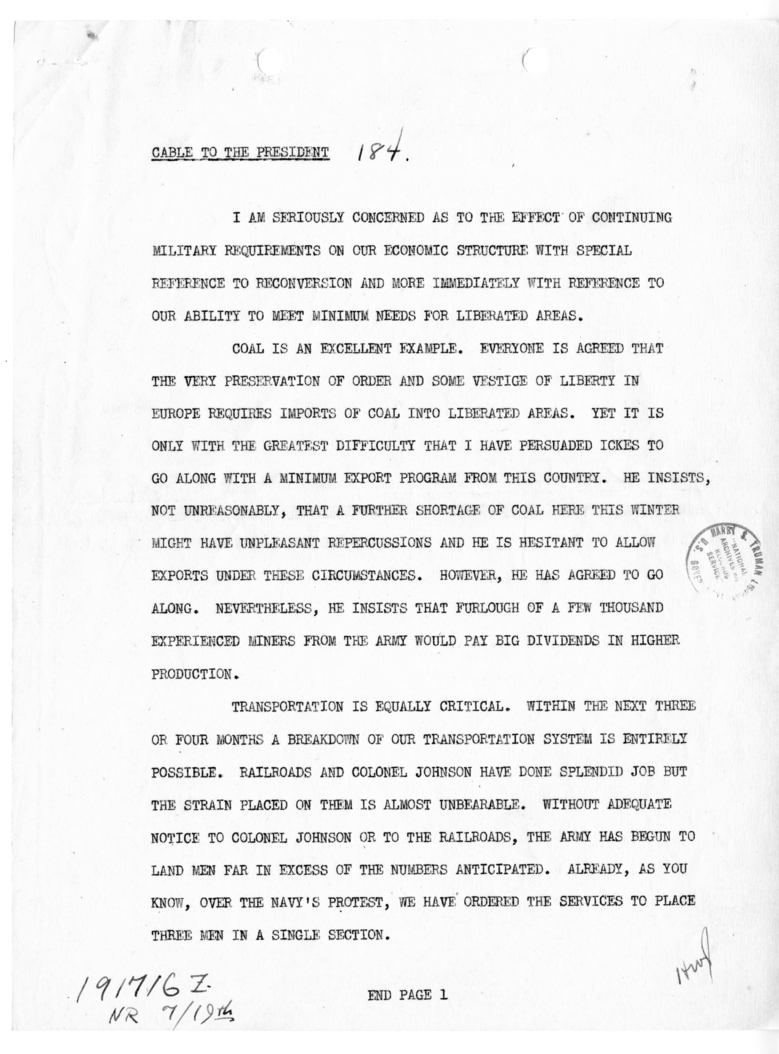 Cable from Fred Vinson to President Harry S. Truman