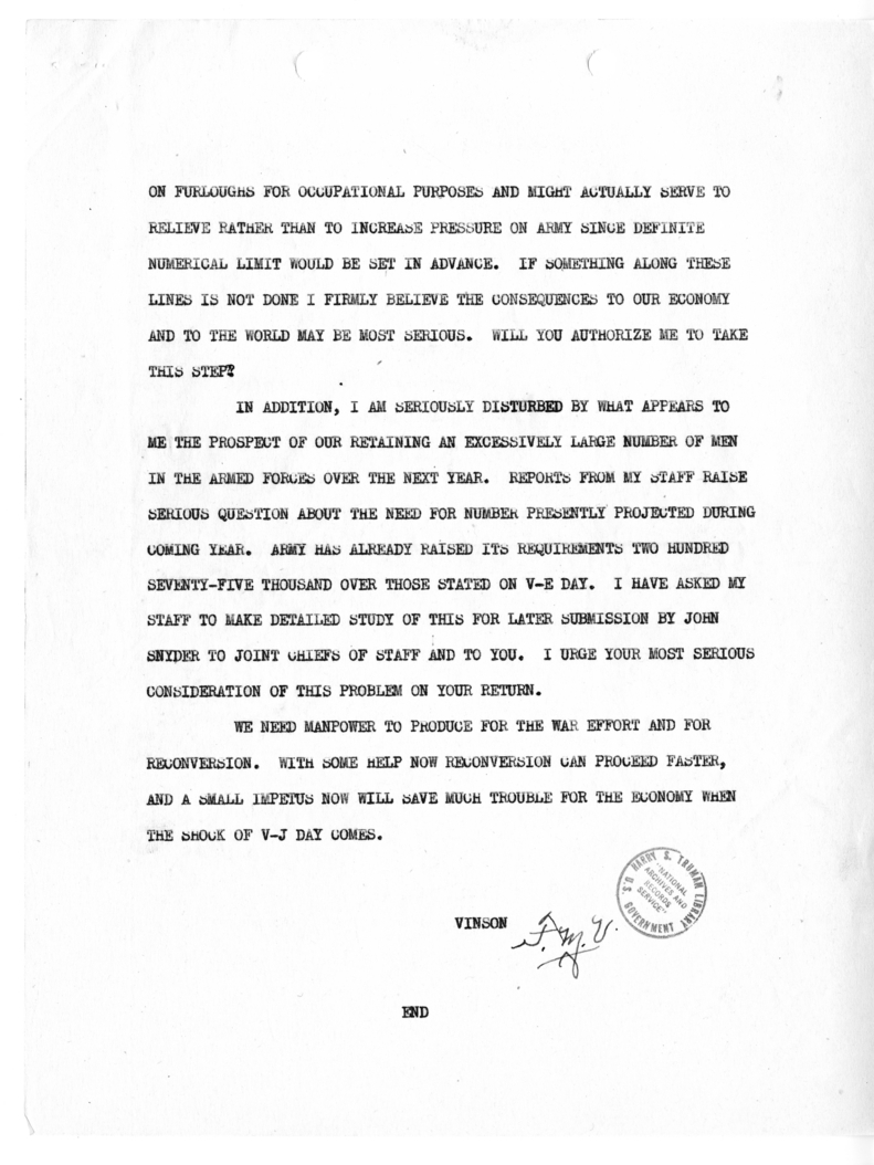 Cable from Fred Vinson to President Harry S. Truman