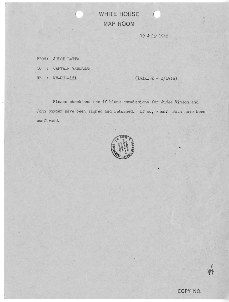 Cable from Judge M. C. Latta to Captain James Vardaman [MR-OUT-181]
