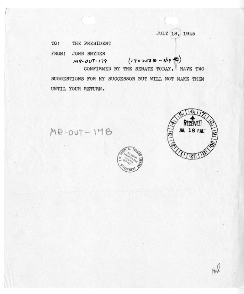 Cable from John Snyder to President Harry S. Truman [MR-OUT-178]