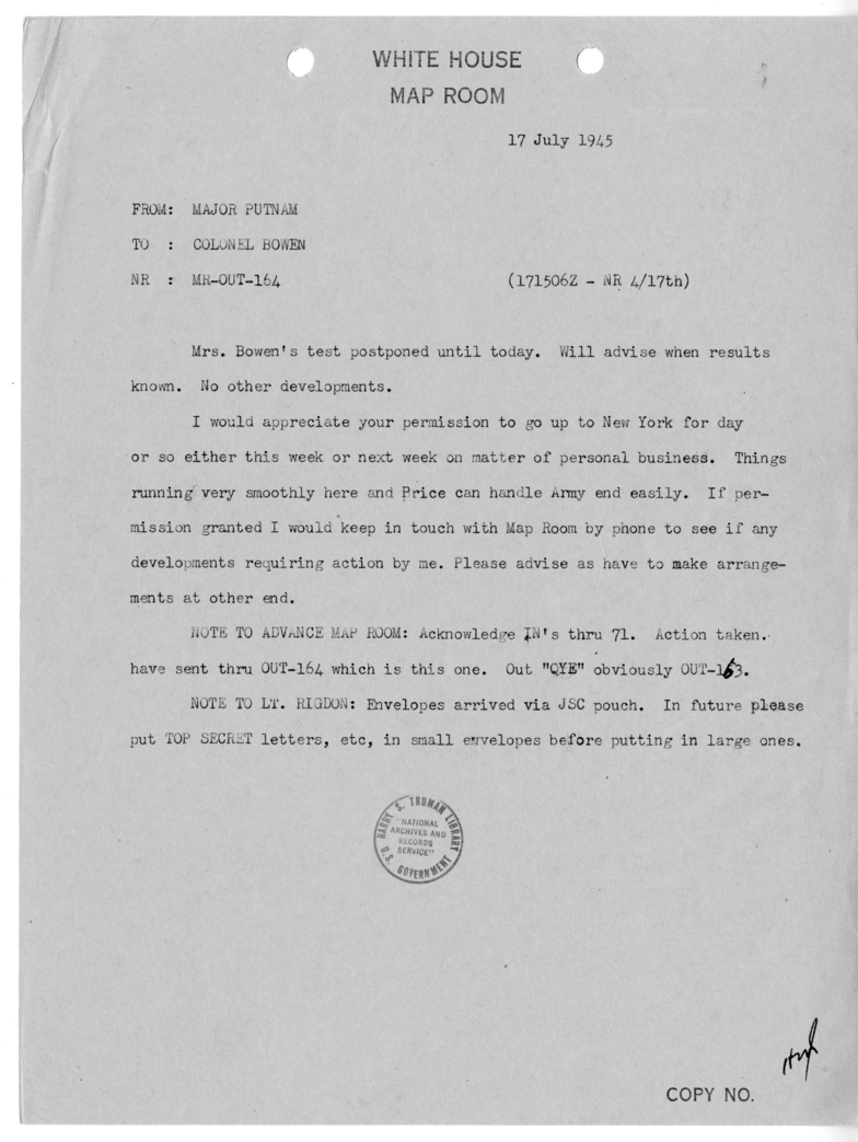 Cable from Major Putnam to Colonel Bowen [MR-OUT-164]