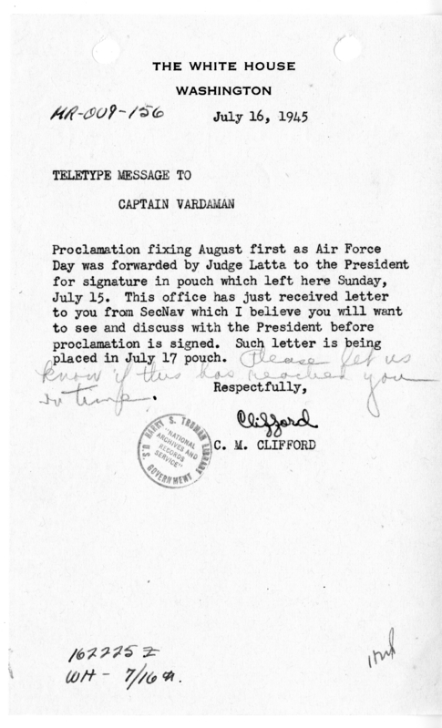 Teletype Message from Clark Clifford to Captain James Vardaman [MR-OUT-156]