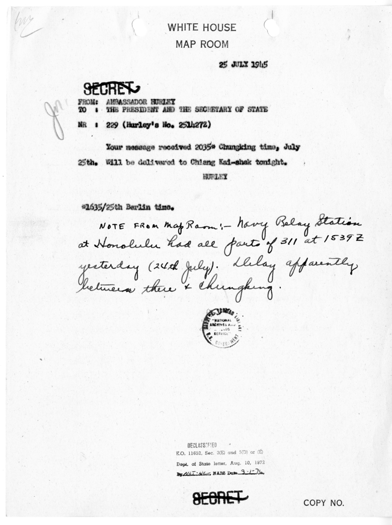 Cable from Ambassador Patrick Hurley to President Harry S. Truman and Secretary of State James  [NR 229]