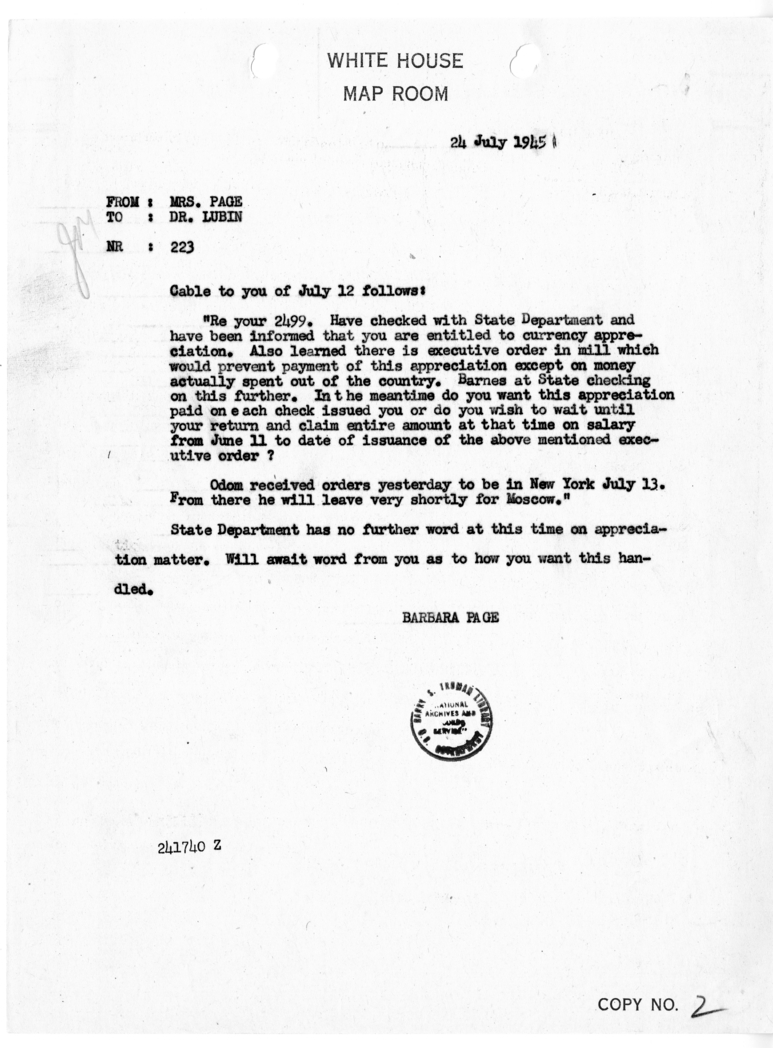Cable from Mrs. Barbara Page to Dr. Lubin [NR 223]