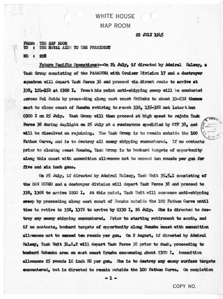 Cable from the Map Room to the Naval Aide to the President [NR 208]