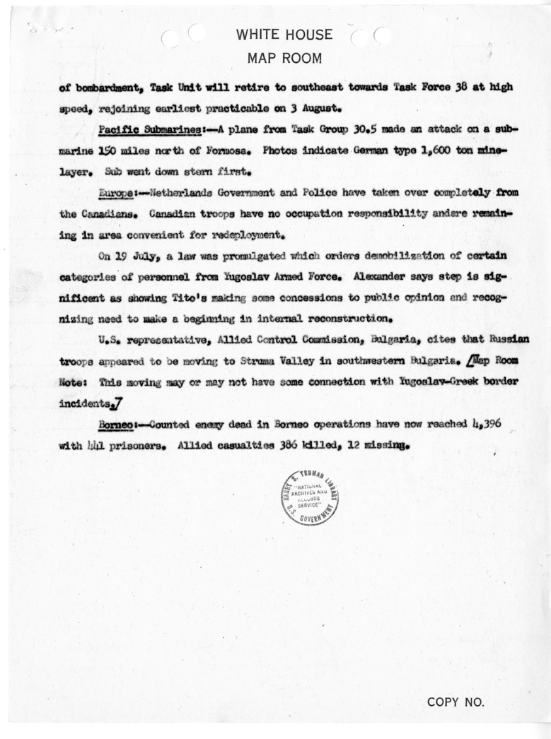 Cable from the Map Room to the Naval Aide to the President [NR 208]