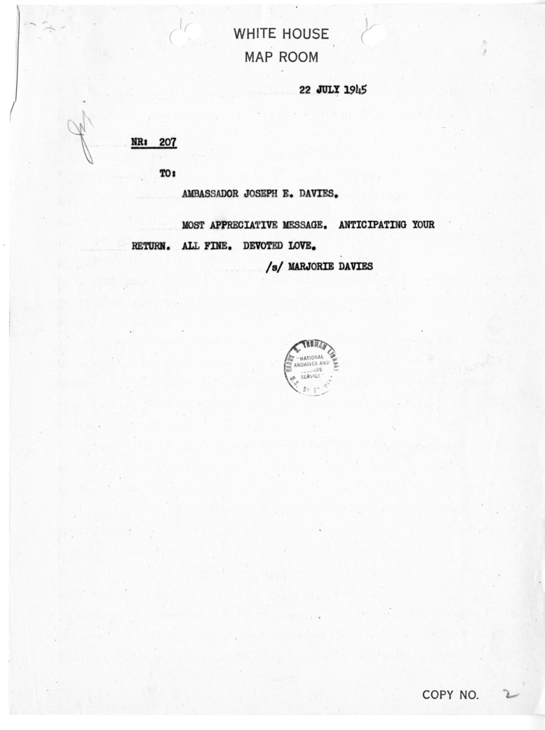 Cable from Marjorie Davies to Ambassador Joseph E. Davies