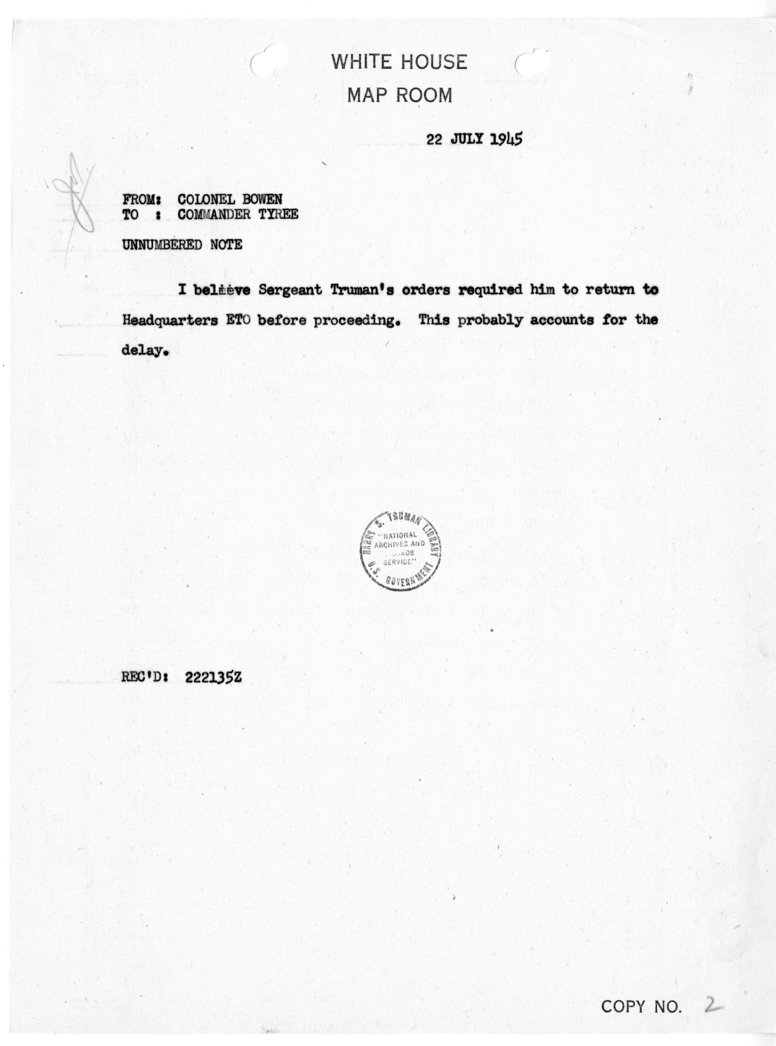 Cable from Colonel Bowen to Commander J. A. Tyree