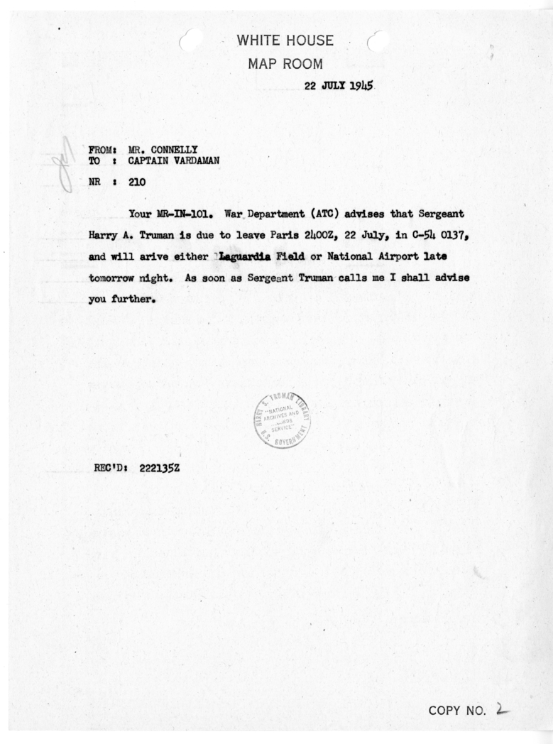 Cable from Matthew J. Connelly to Captain James Vardaman [NR 210]
