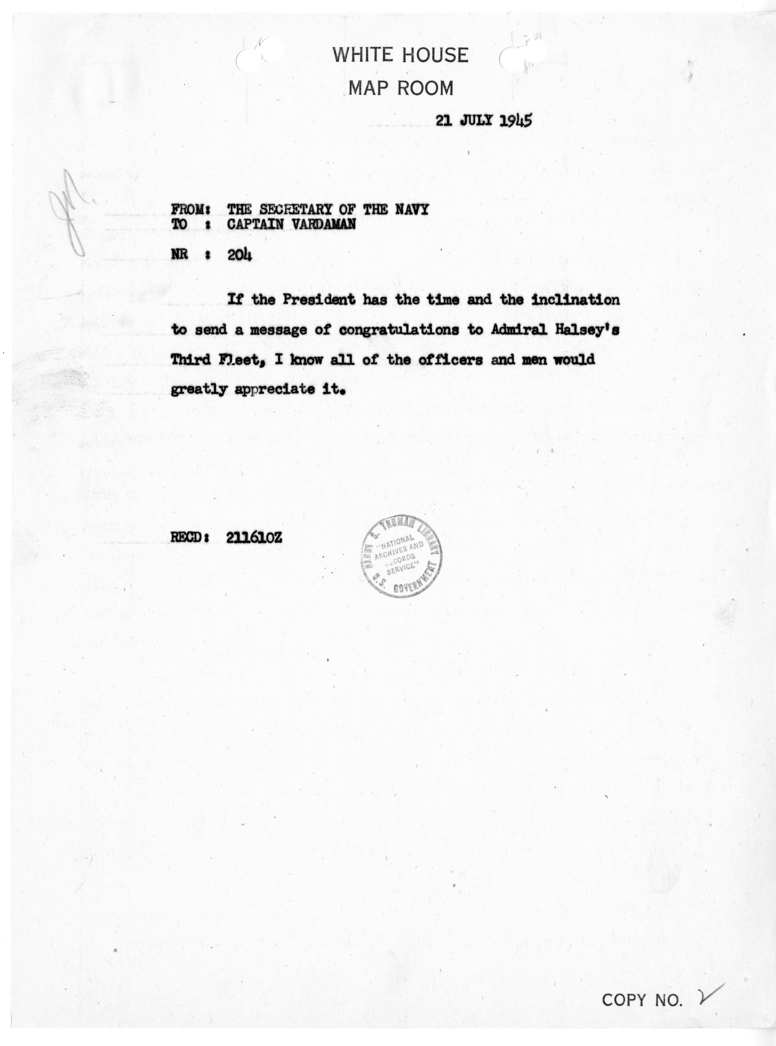 Cable from the Secretary of the Navy to Captain James Vardaman [NR 204]