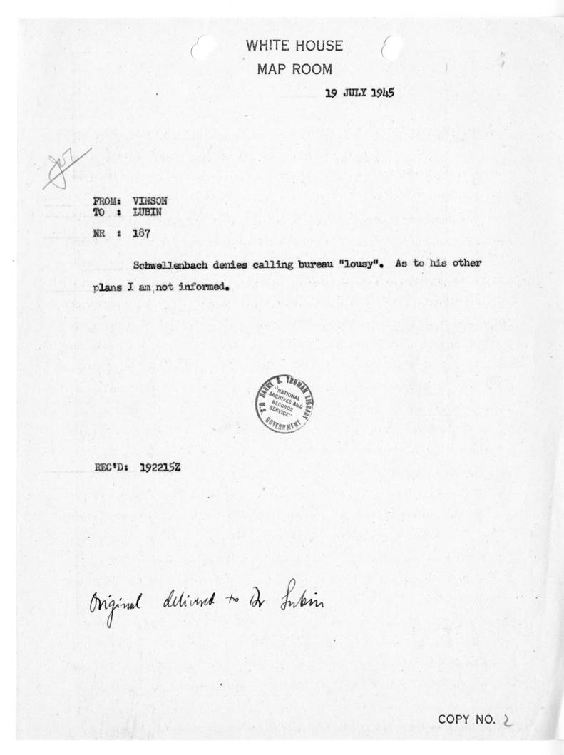 Cable from Fred Vinson to Isador Lubin [NR 197]